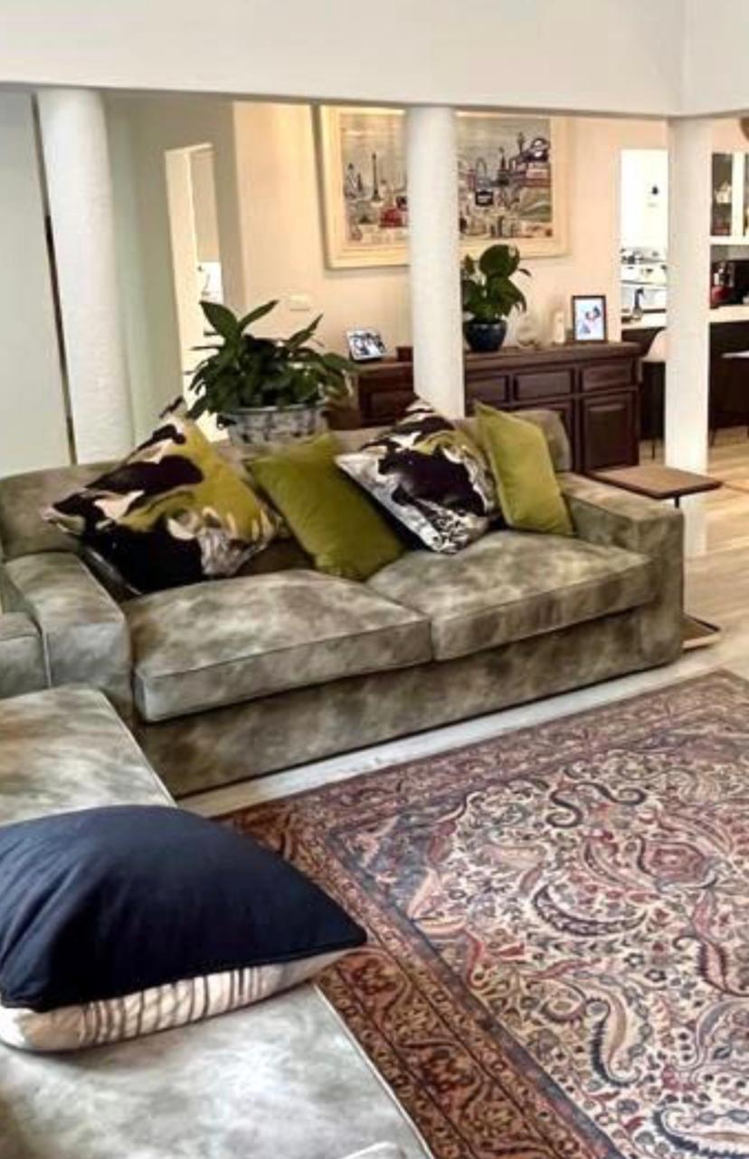 Sage green sofa with patterned scatter cushions in a family room
