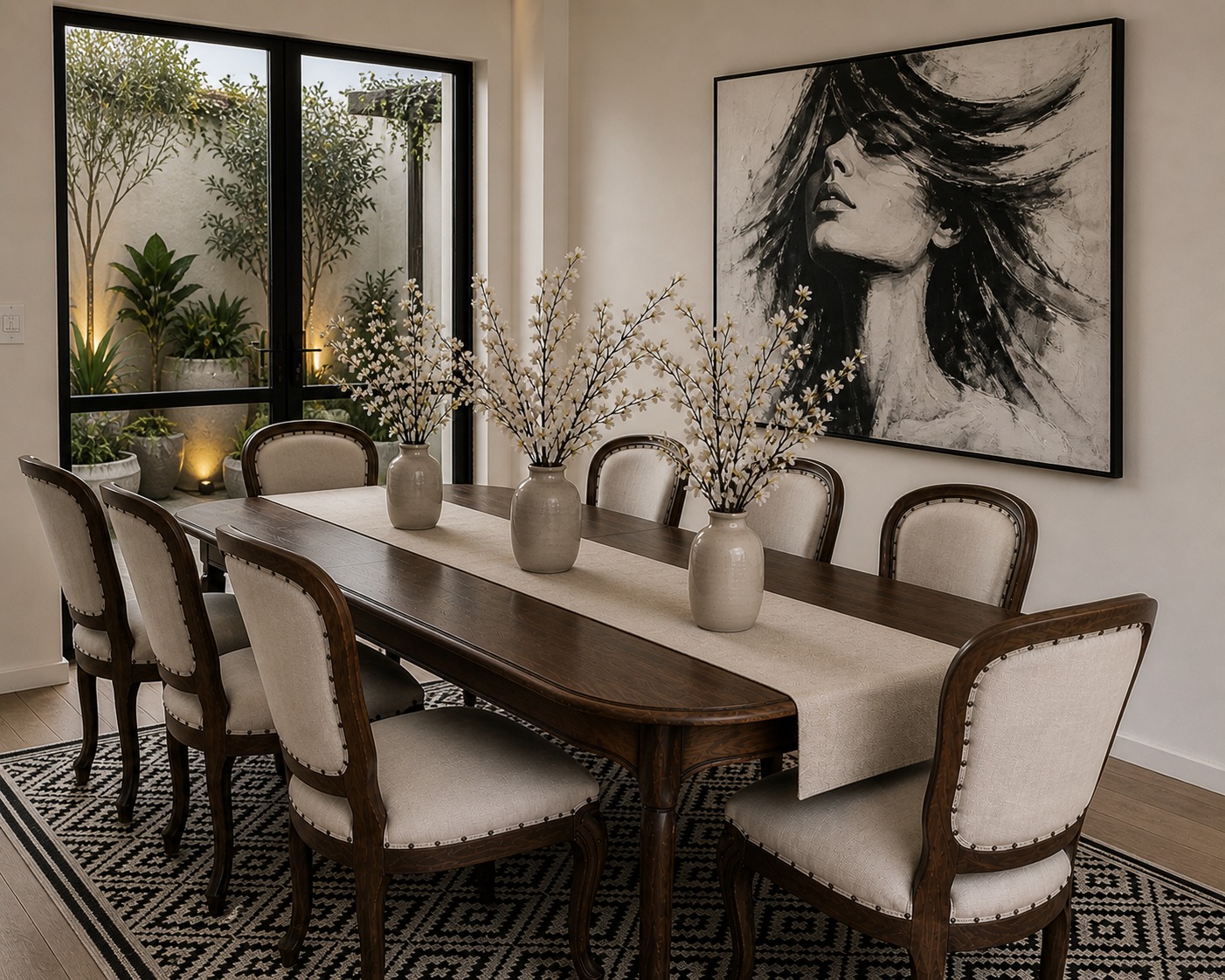 A reupholstered dining set with eight upholstered chairs around a wooden table